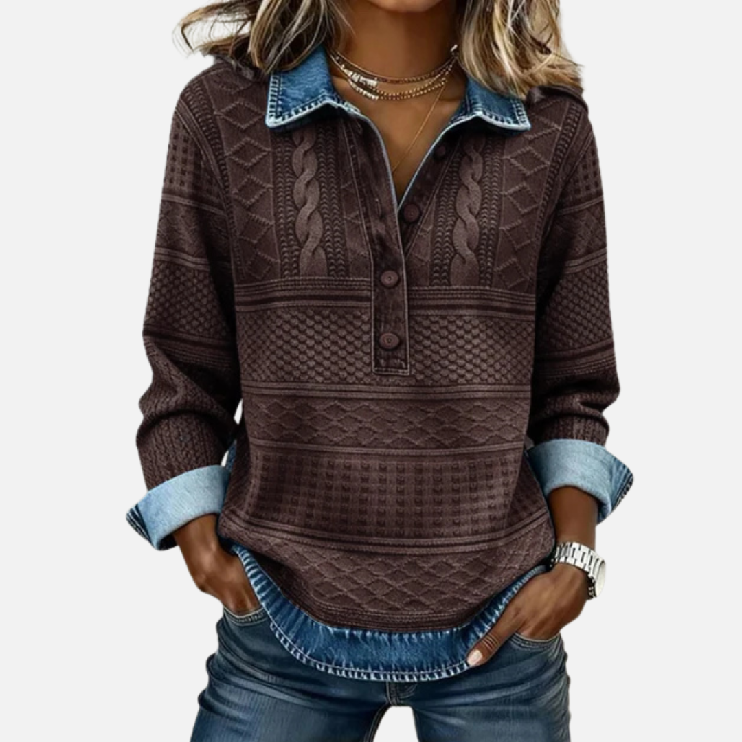 Cassidy | Women's Cable Knit Pullover Denim Collar Long Sleeve