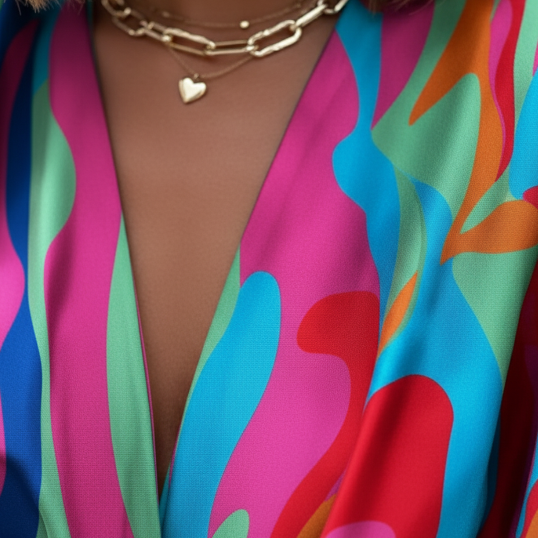 Women’s Vibrant Abstract Print Mini Dress – Flowy V-Neck Short Dress