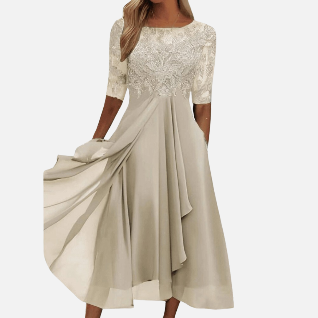 Women's Elegant Lace Chiffon Midi Dress