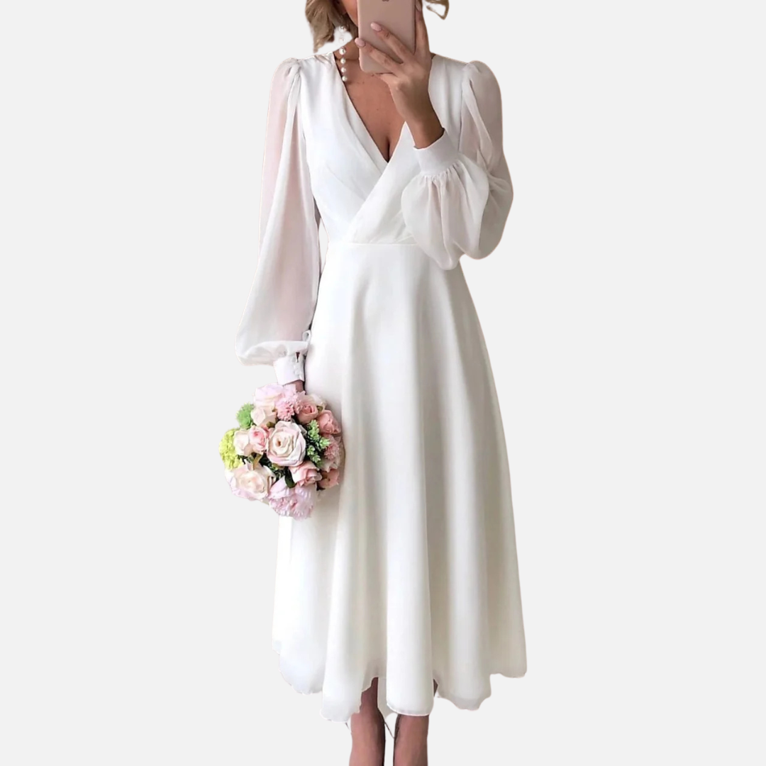 Evie | Puff-Sleeve Wedding Midi Dress