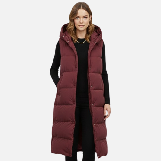 Women's Longline Puffer Vest - Hooded Sleeveless Quilted Gilet