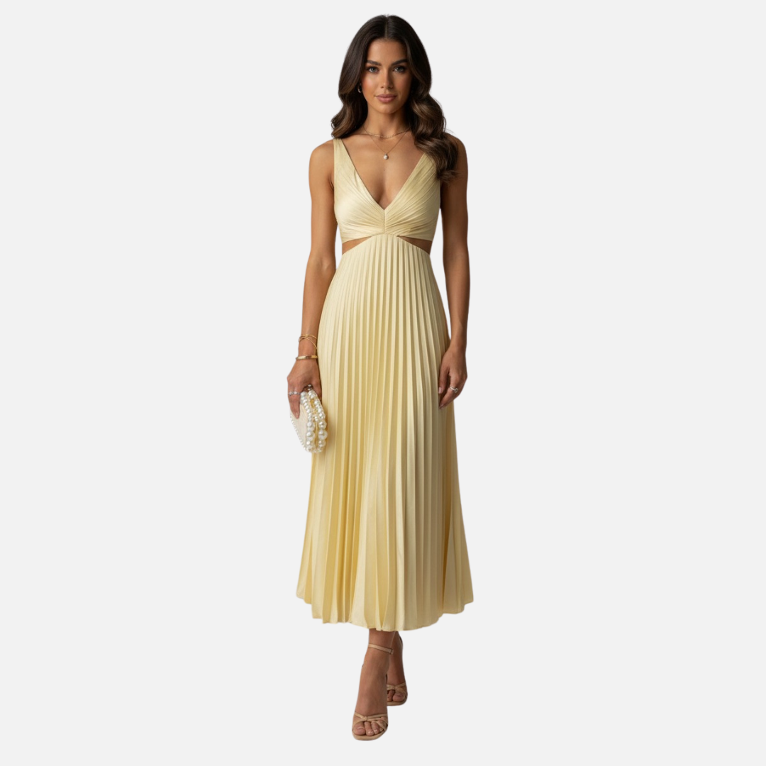 Women's Pleated V-Neck Midi Dress