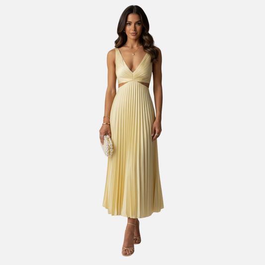Women's Pleated V-Neck Midi Dress