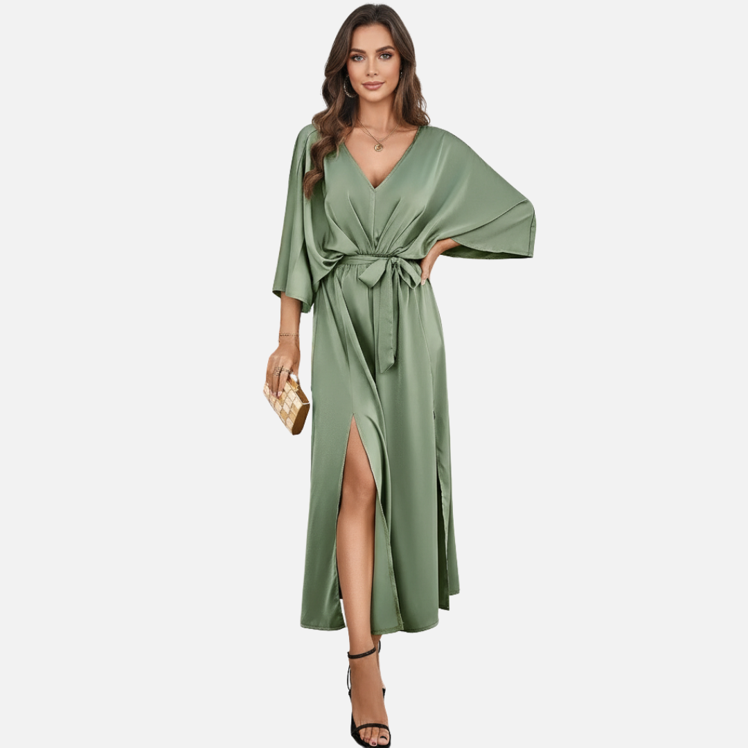 Elegant V-Neck Maxi Dress for Women – Belted Flowing Evening Dress