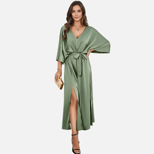 Elegant V-Neck Maxi Dress for Women – Belted Flowing Evening Dress