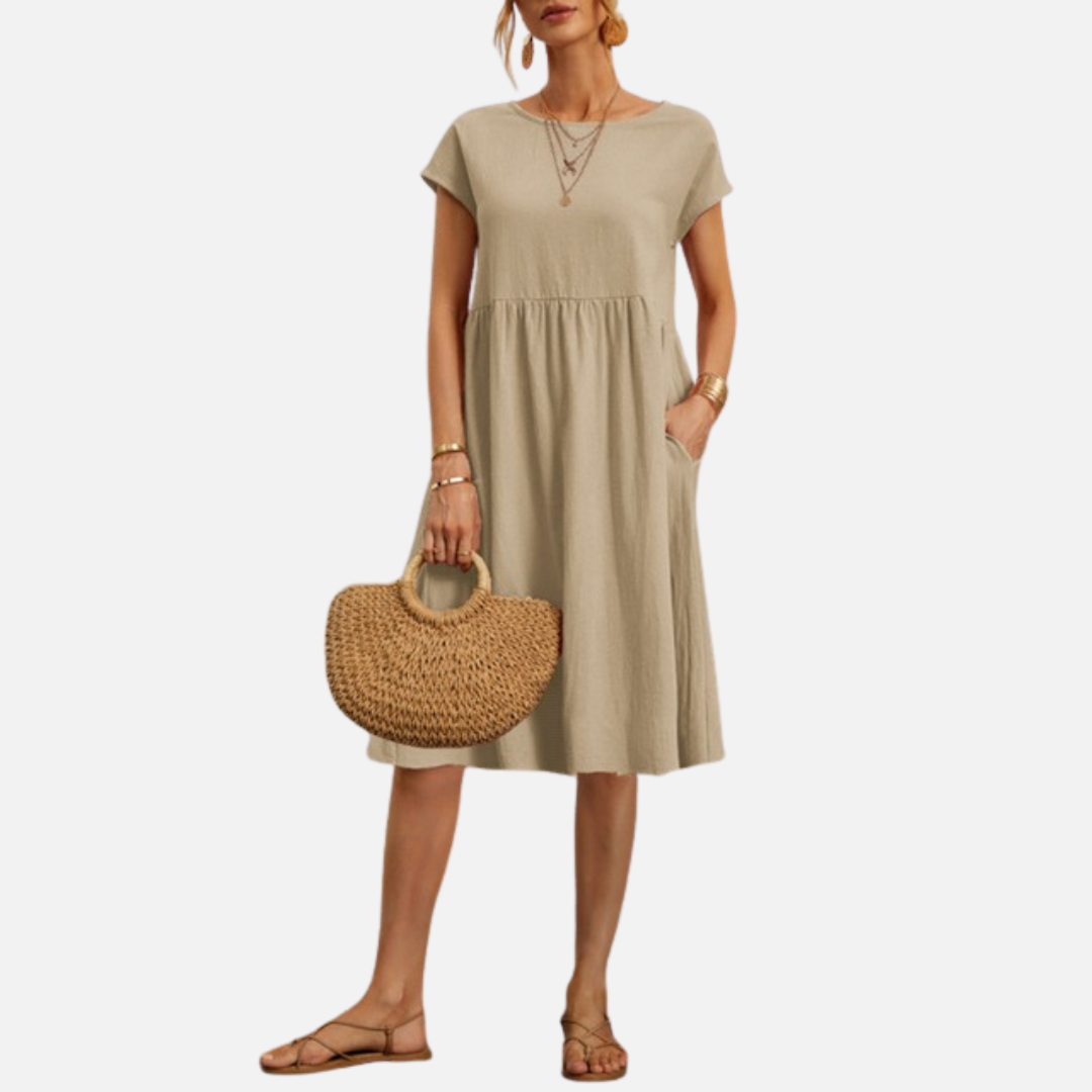 Women’s Casual Linen Midi Dress with Short Sleeves