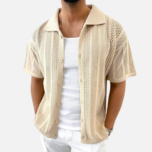 Men's Knit Cuban Collar Shirt - Short Sleeve Pointelle Button-Up Top