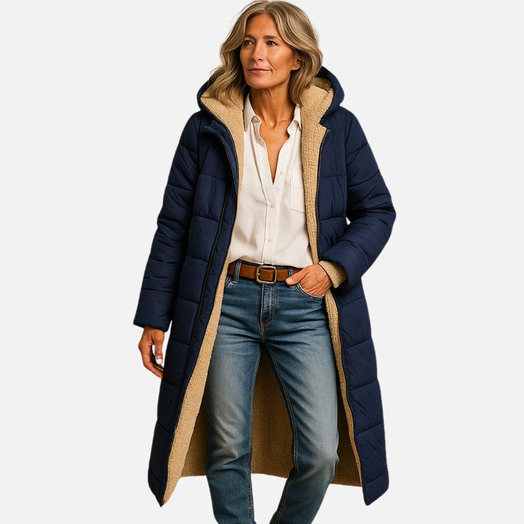 Women's Longline Puffer Jacket - Warm Sherpa Lined Hooded Parka Coat