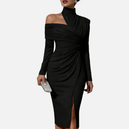 Women's Midi Dress Ruched High-Neck