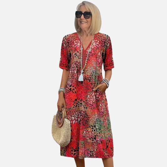 Women's V-Neck Print Boho Midi Dress