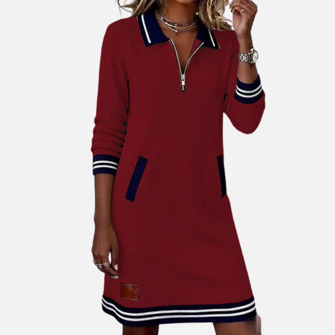 Danielle | Quarter-Zip Sweater Dress Varsity Stripe Long Sleeve