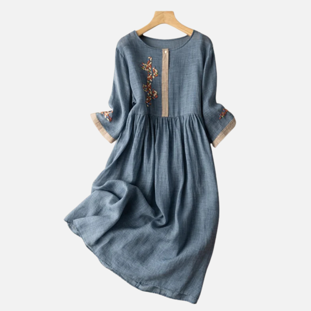 Women's Embroidered Linen Midi Dress