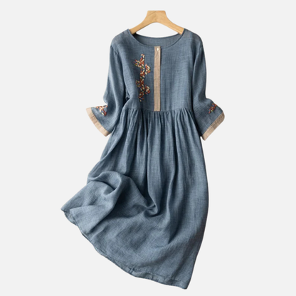 Women's Embroidered Linen Midi Dress