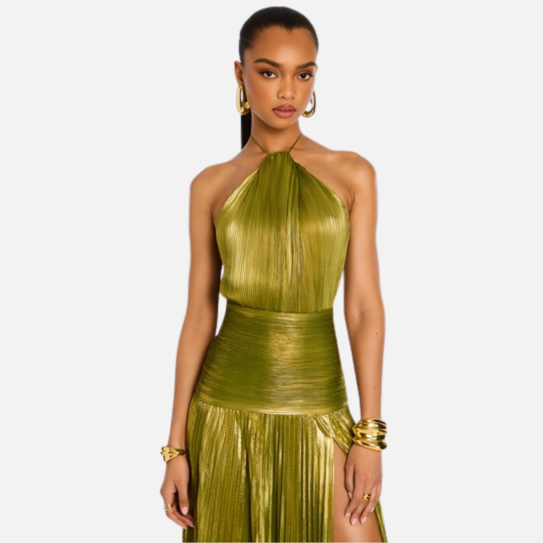 Women's Shimmering Pleated Halter-Neck Maxi Gown