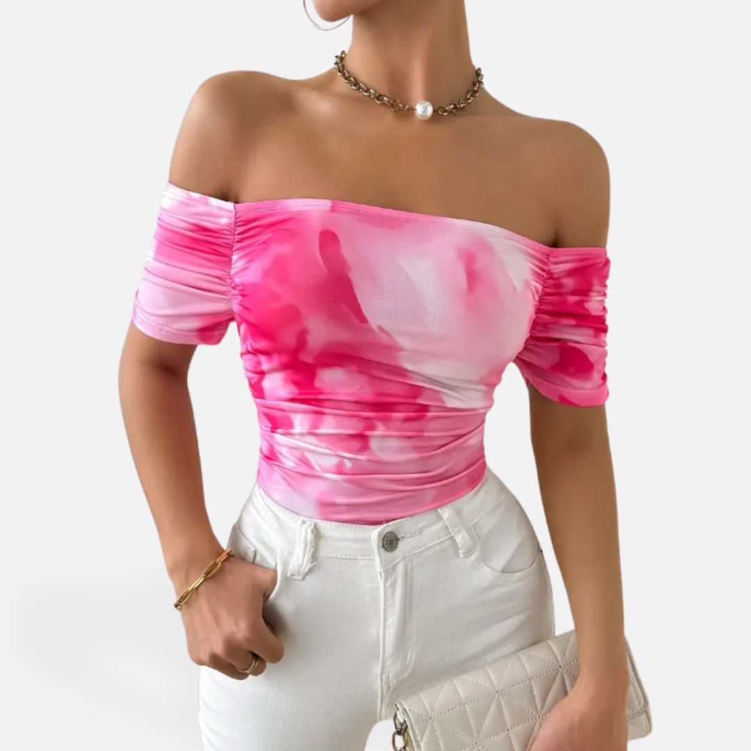 Elara | Women’s Pink Tie-Dye Off-Shoulder Top