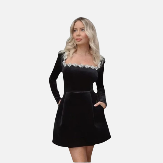 Women's Black Velvet Mini Dress with Trim