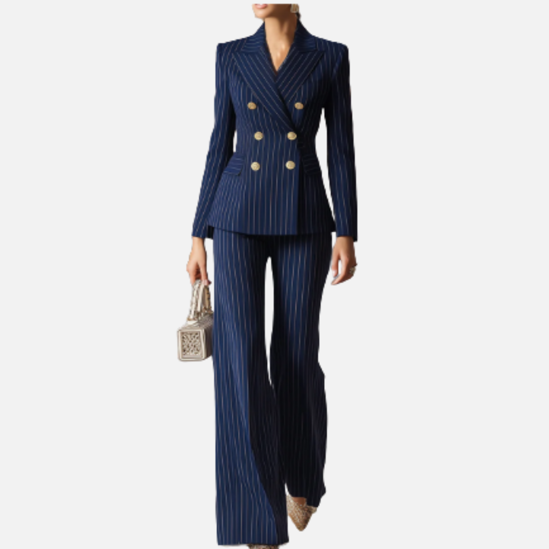 Women's Pinstripe Double-Breasted Suit Set | Peak Lapel Blazer and Wide Leg Trousers