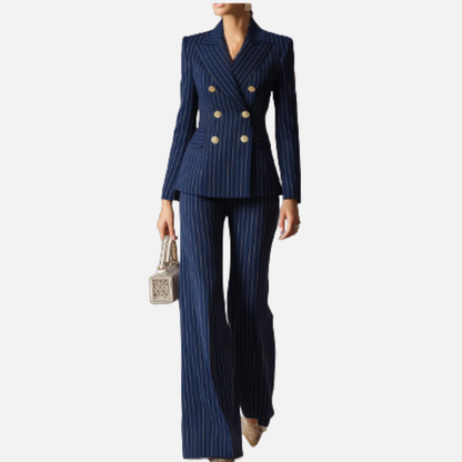 Women's Pinstripe Double-Breasted Suit Set | Peak Lapel Blazer and Wide Leg Trousers