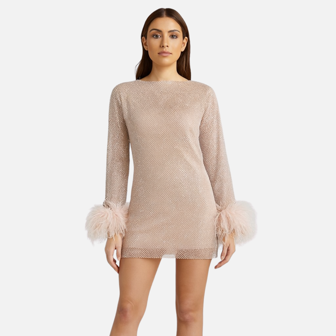 Women's Chic Feather Trim Mini Dress - Long Sleeve Sparkly Party Dress