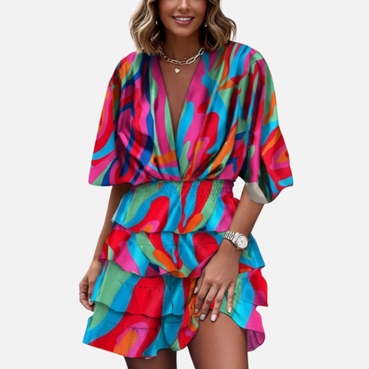 Women’s Vibrant Abstract Print Mini Dress – Flowy V-Neck Short Dress