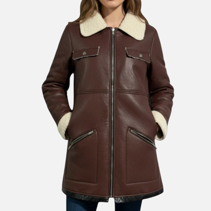 Women's Faux Leather Parka Coat - Warm Sherpa Lined Aviator Jacket