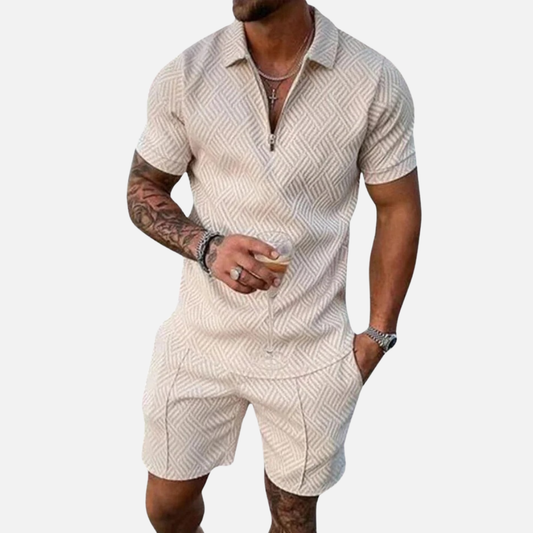 Men's Textured Zip Polo & Shorts Set - Casual Summer Matching Co-ord