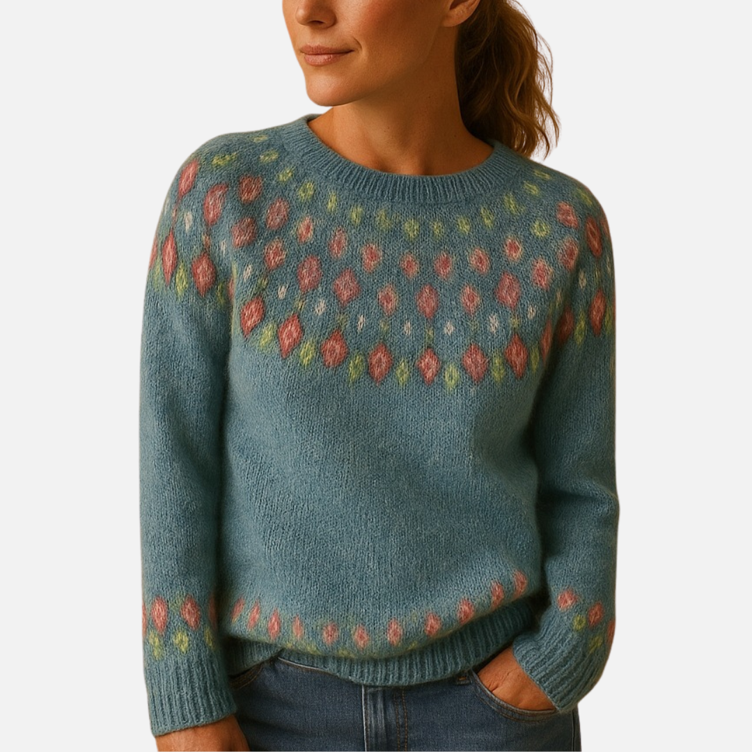 Women's Patterned Knit Sweater - Soft Fair Isle Crew Neck Jumper