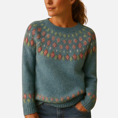 Women's Patterned Knit Sweater - Soft Fair Isle Crew Neck Jumper