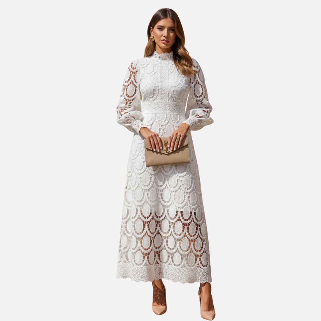 Women Elegant  Long Sleeve Lace Midi Dress