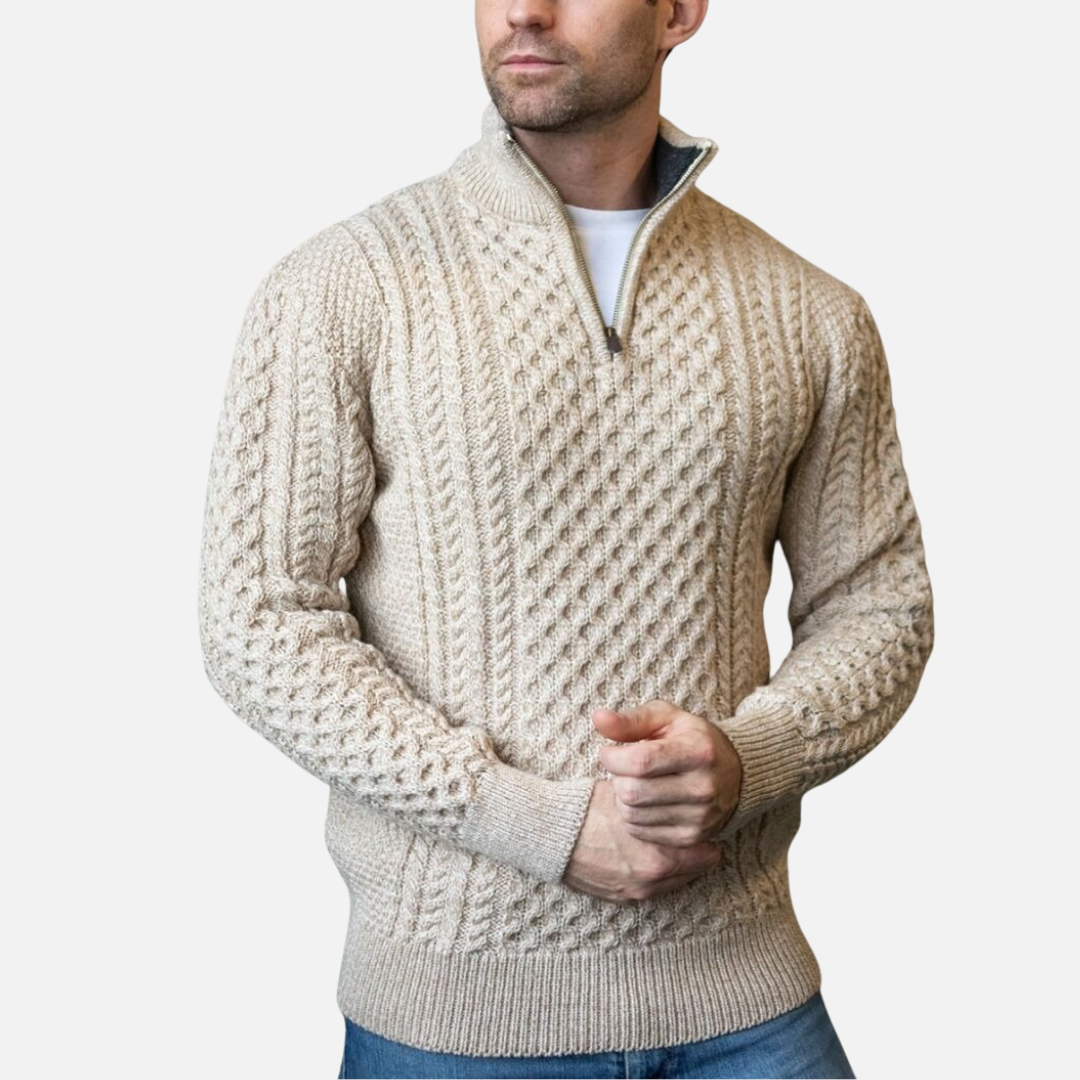 Men's Cable Knit Quarter Zip Pullover - Classic Aran Style Pullover