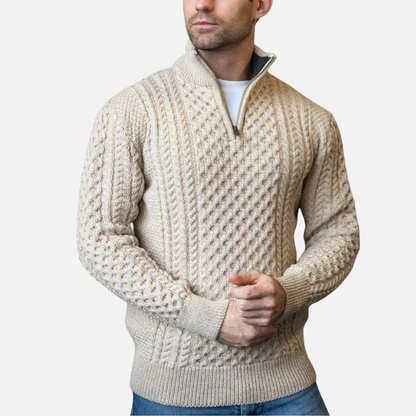 Men's Cable Knit Quarter Zip Pullover - Classic Aran Style Pullover