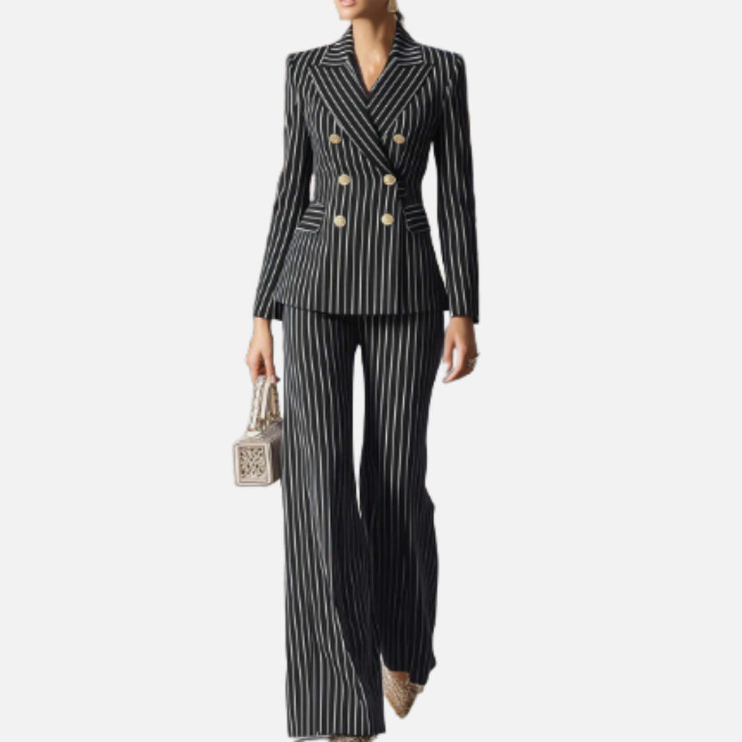 Women's Pinstripe Double-Breasted Suit Set | Peak Lapel Blazer and Wide Leg Trousers