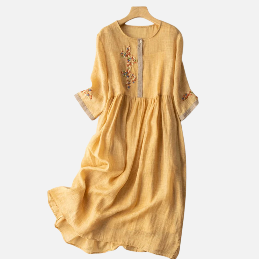 Women's Embroidered Linen Midi Dress