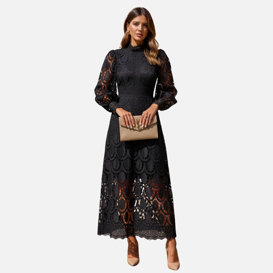 Women Elegant  Long Sleeve Lace Midi Dress