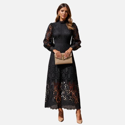 Women Elegant  Long Sleeve Lace Midi Dress