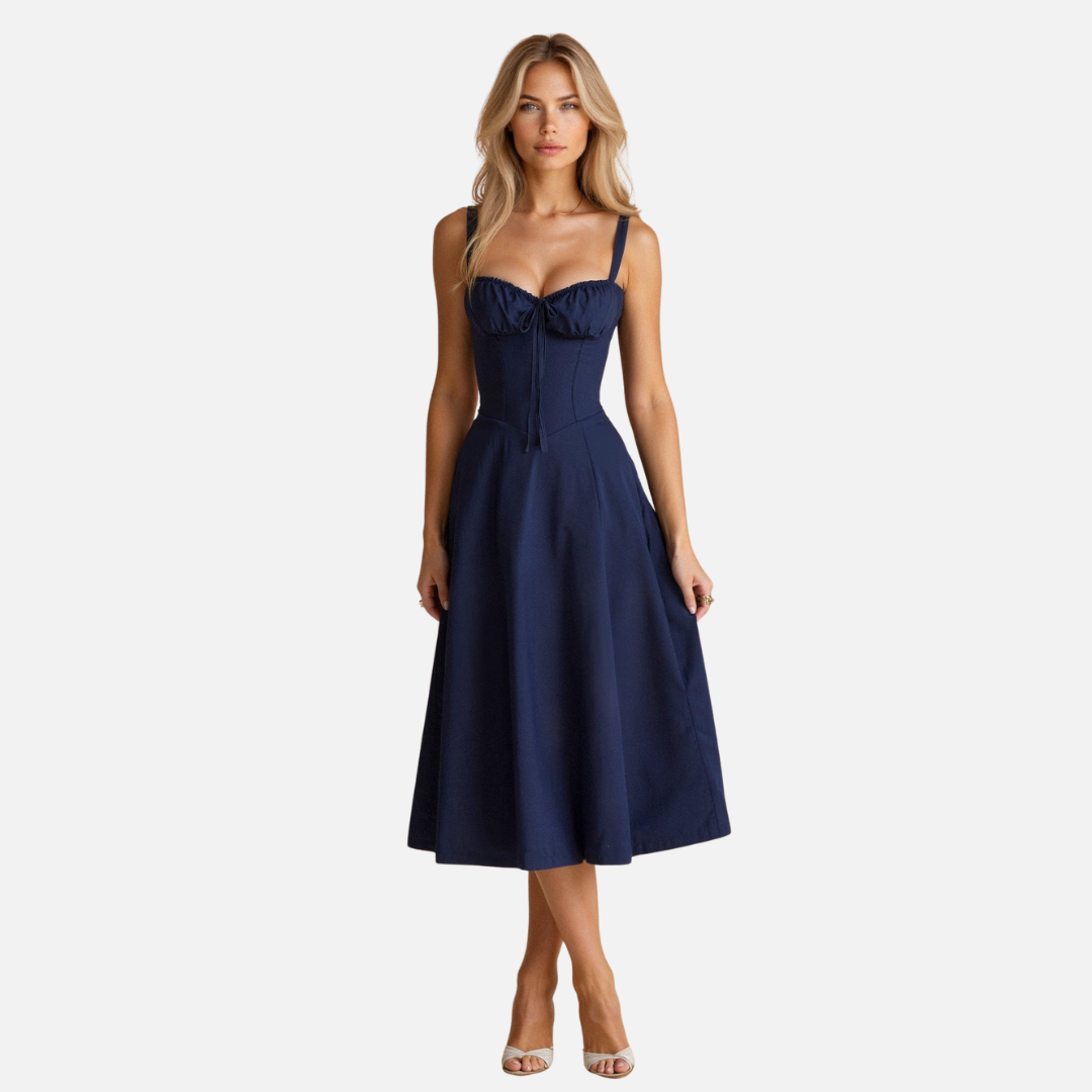 Elegant Corset Style Midi Dress with Flared Skirt