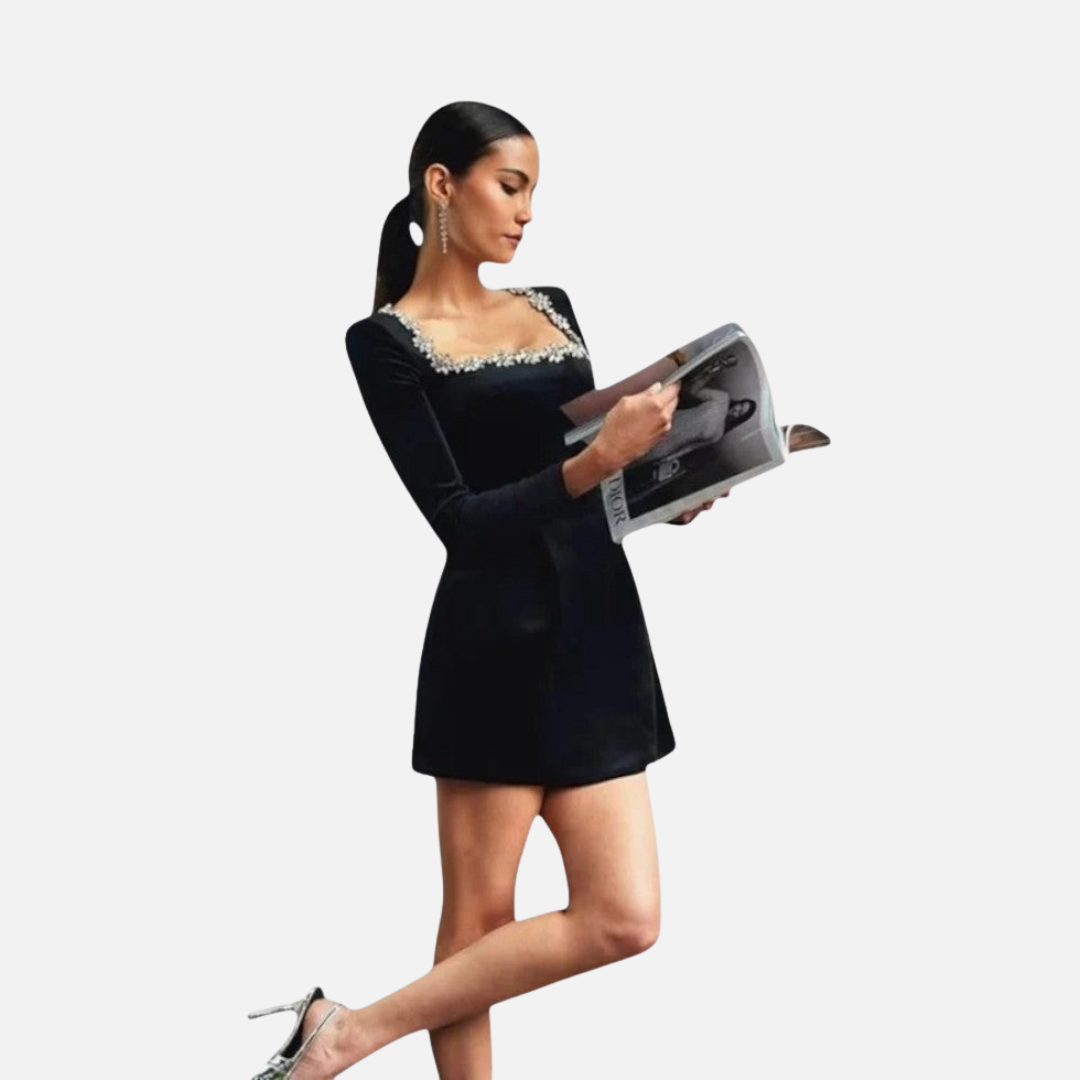 Women's Black Velvet Mini Dress with Trim