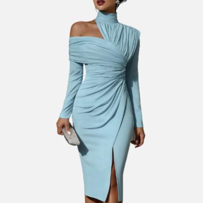 Women's Midi Dress Ruched High-Neck