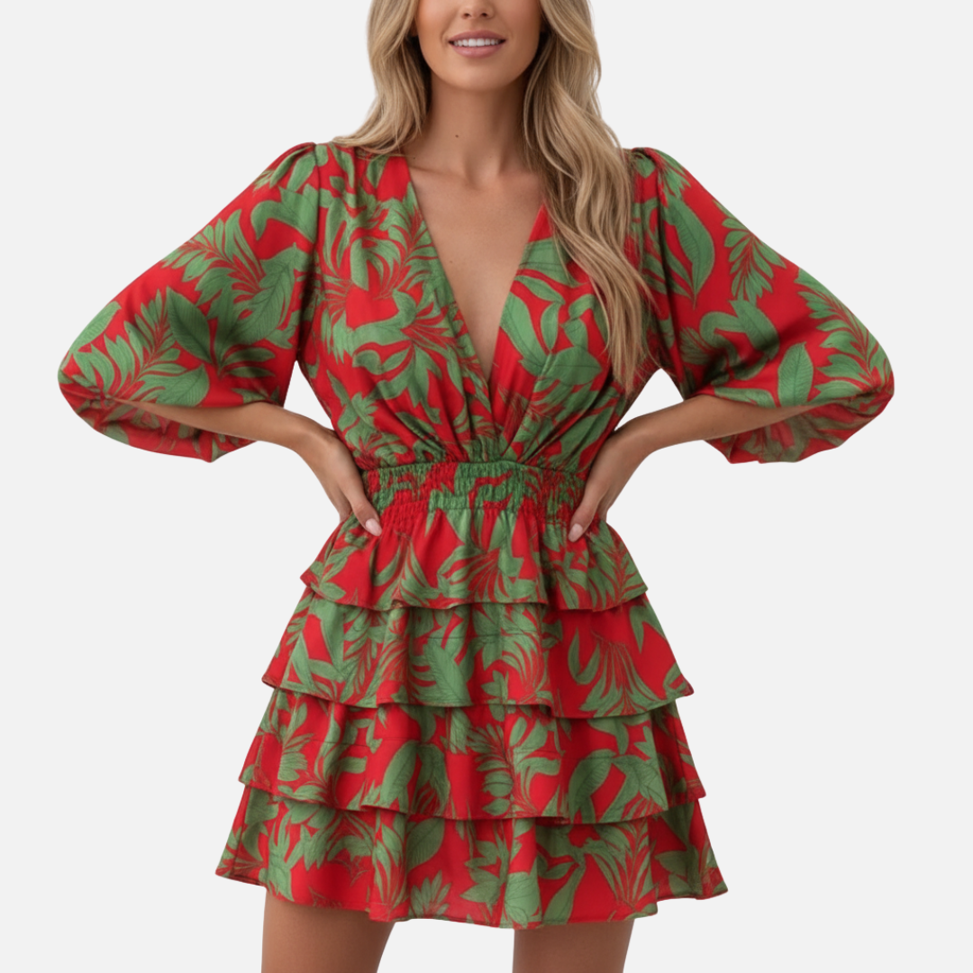 Women’s Vibrant Abstract Print Mini Dress – Flowy V-Neck Short Dress