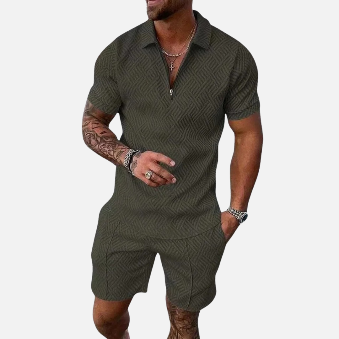 Men's Textured Zip Polo & Shorts Set - Casual Summer Matching Co-ord