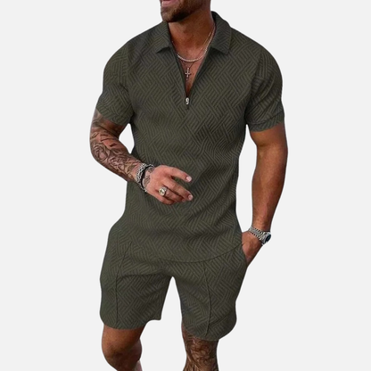 Men's Textured Zip Polo & Shorts Set - Casual Summer Matching Co-ord