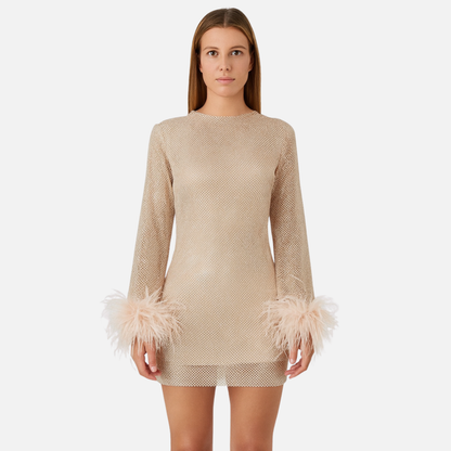 Women's Chic Feather Trim Mini Dress - Long Sleeve Sparkly Party Dress