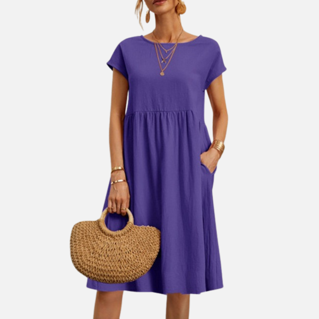 Women’s Casual Linen Midi Dress with Short Sleeves