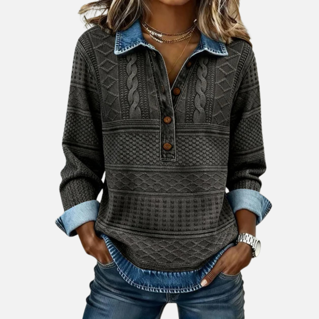 Cassidy | Women's Cable Knit Pullover Denim Collar Long Sleeve