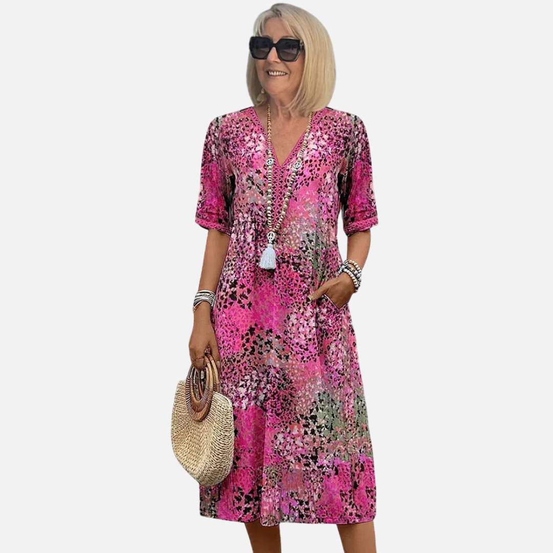 Women's V-Neck Print Boho Midi Dress