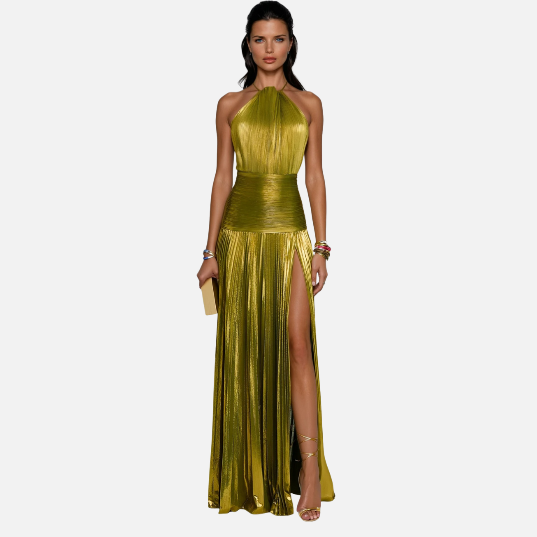 Women's Shimmering Pleated Halter-Neck Maxi Gown