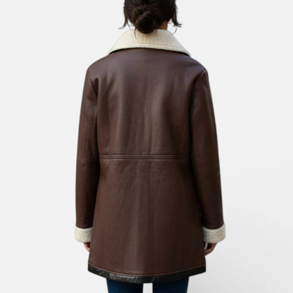 Women's Faux Leather Parka Coat - Warm Sherpa Lined Aviator Jacket