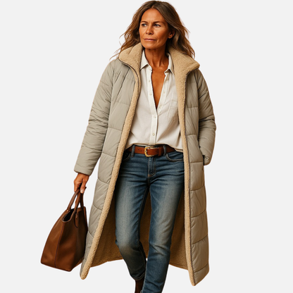 Women's Longline Puffer Jacket - Warm Sherpa Lined Hooded Parka Coat