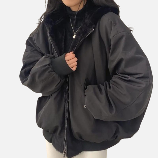 Women's Oversized Bomber Jacket - Warm Fleece Lined Hooded Puffer