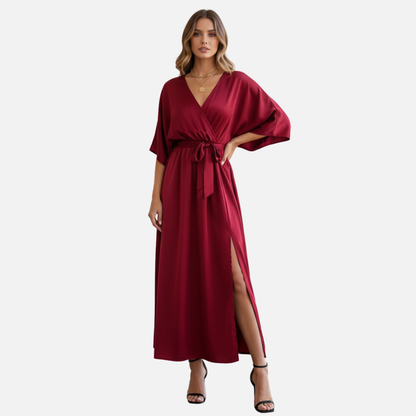 Elegant V-Neck Maxi Dress for Women – Belted Flowing Evening Dress